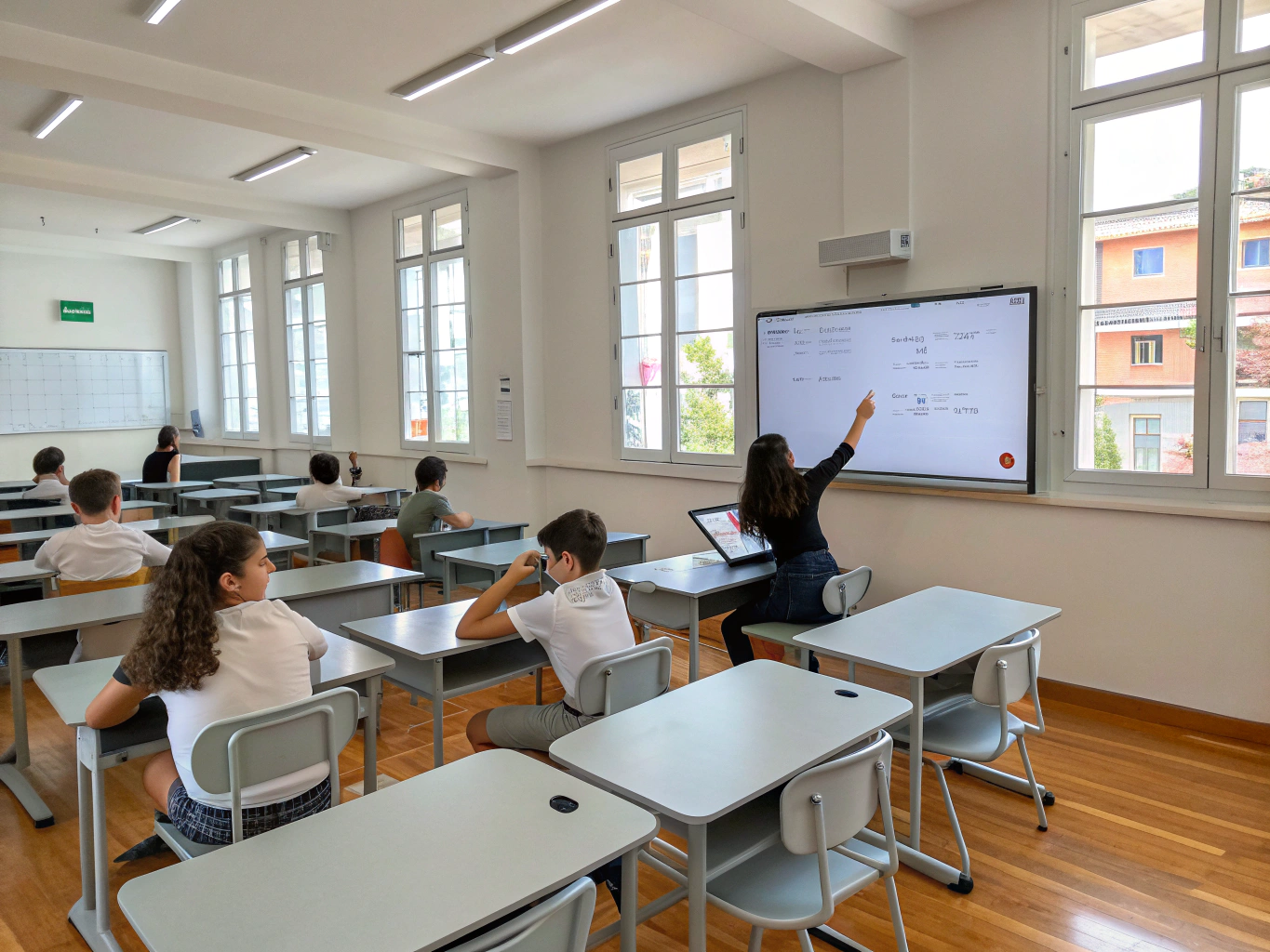 Students engaged in collaborative learning in a modern classroom