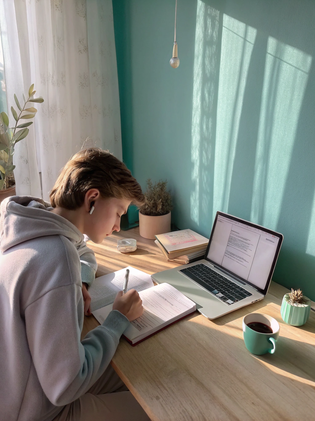 Diverse student in a bright, soft-focus home learning environment